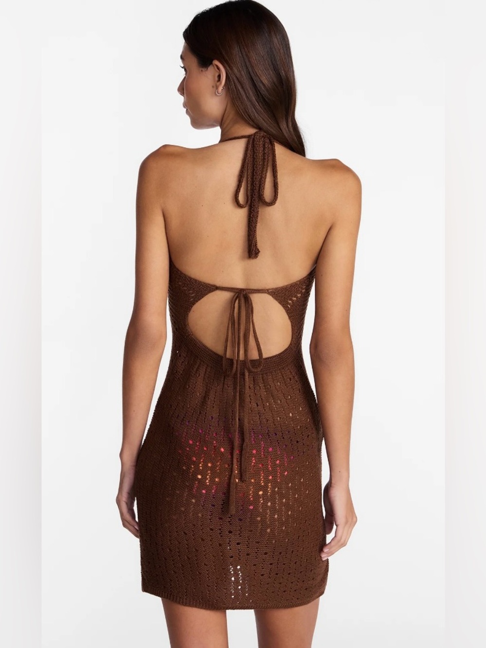 No Boundaries Brown Paisley Crochet Halter Cover-Up Dress with Shell Trim